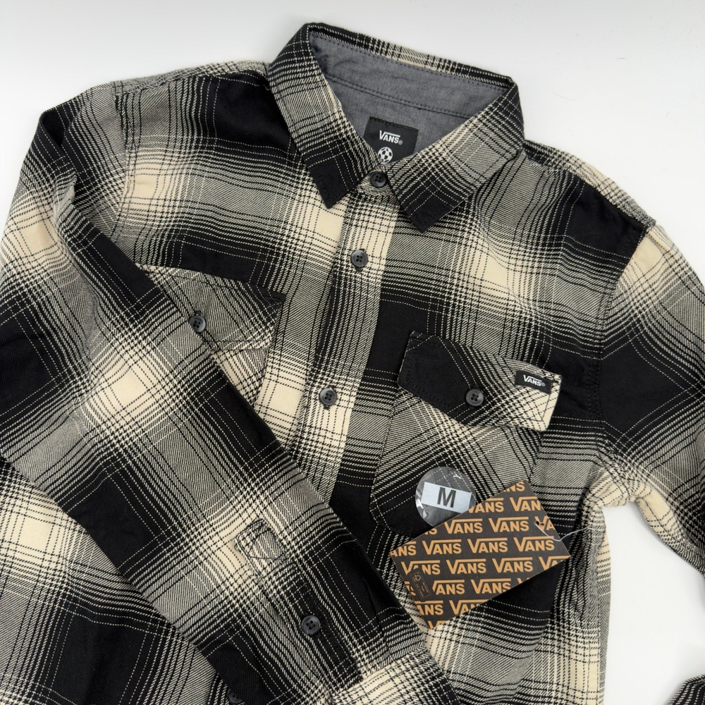 NEW Vans Boys M Black Cream Plaid Flannel‎ Long Sleeve Button Down Shirt